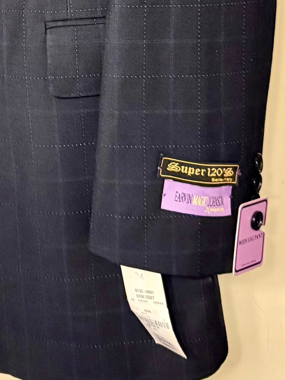 NWT Magic Johnson Super 120s Navy Windowpane 42L Business Suit